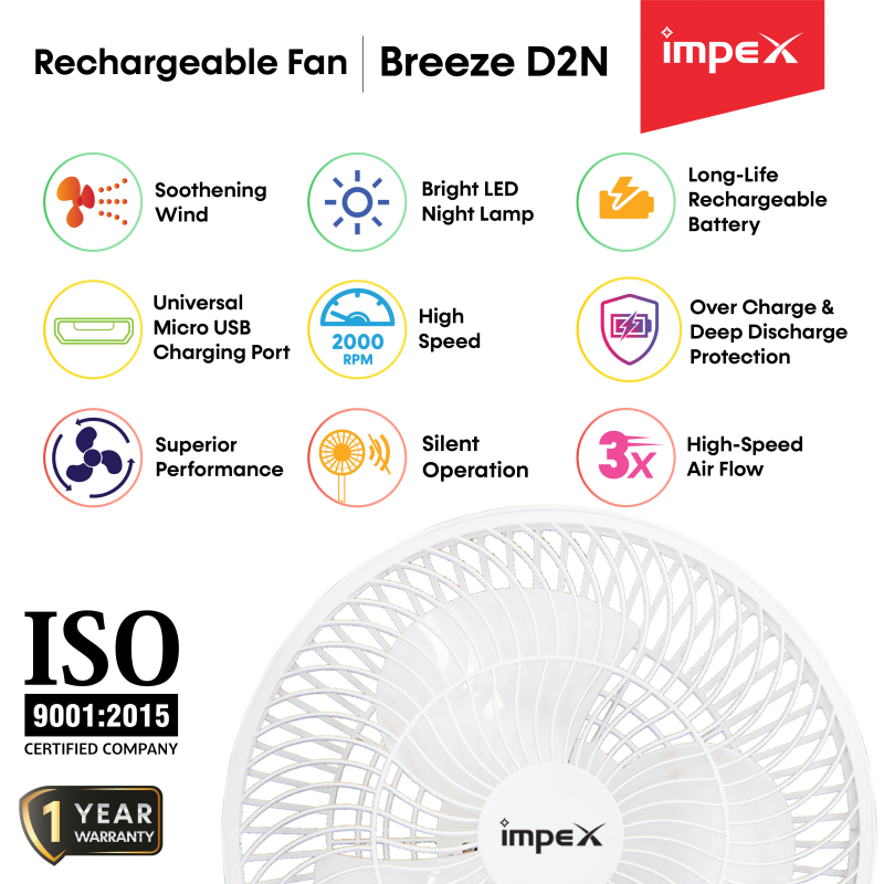 Breeze D2N | Rechargeable Table Fan with Built-in Battery